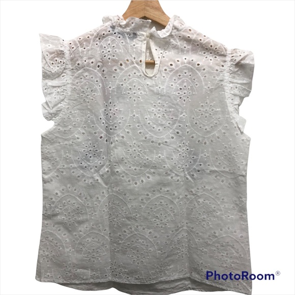 Spring Boho Cute Ruffle Trim Floral Embroidered Top Eyelet White/Multi Medium - Picture 5 of 8